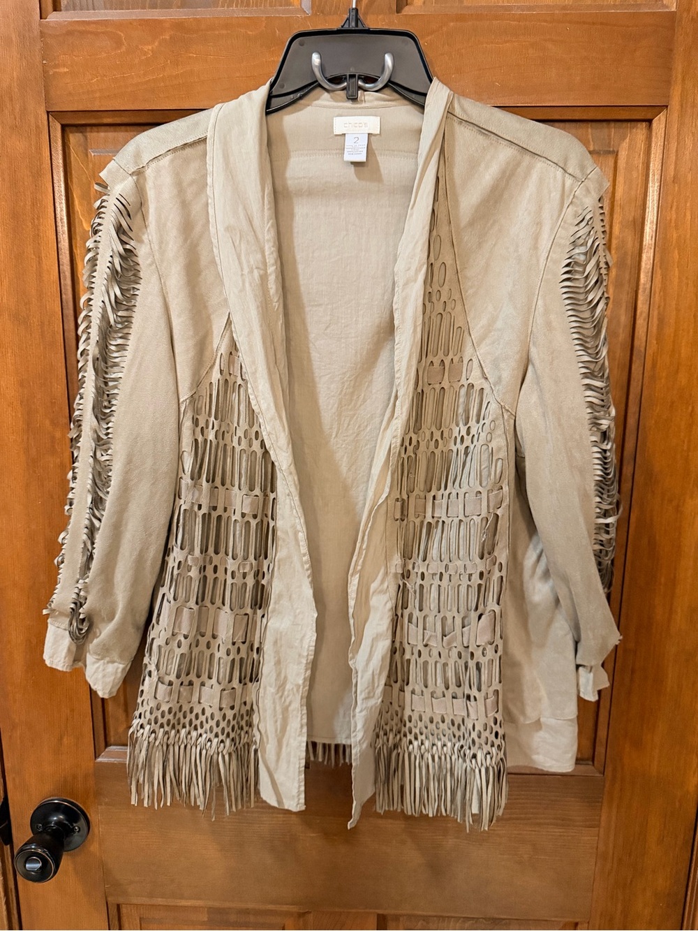 Chico's Beige Fringe Open-Front Light Wright Jacket